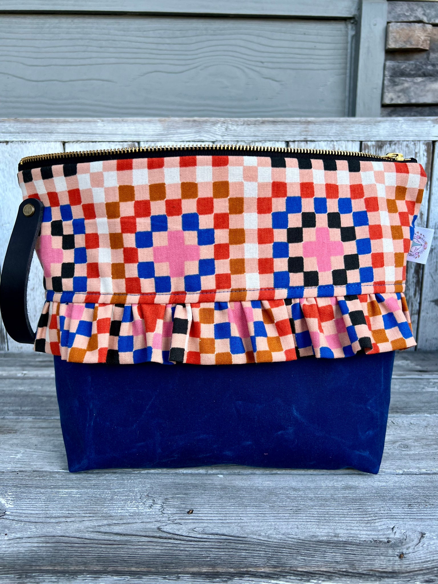 Queen Anne wristlet - Cold granny square/indigo waxed canvas