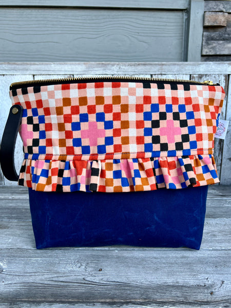 Queen Anne wristlet - Cold granny square/indigo waxed canvas