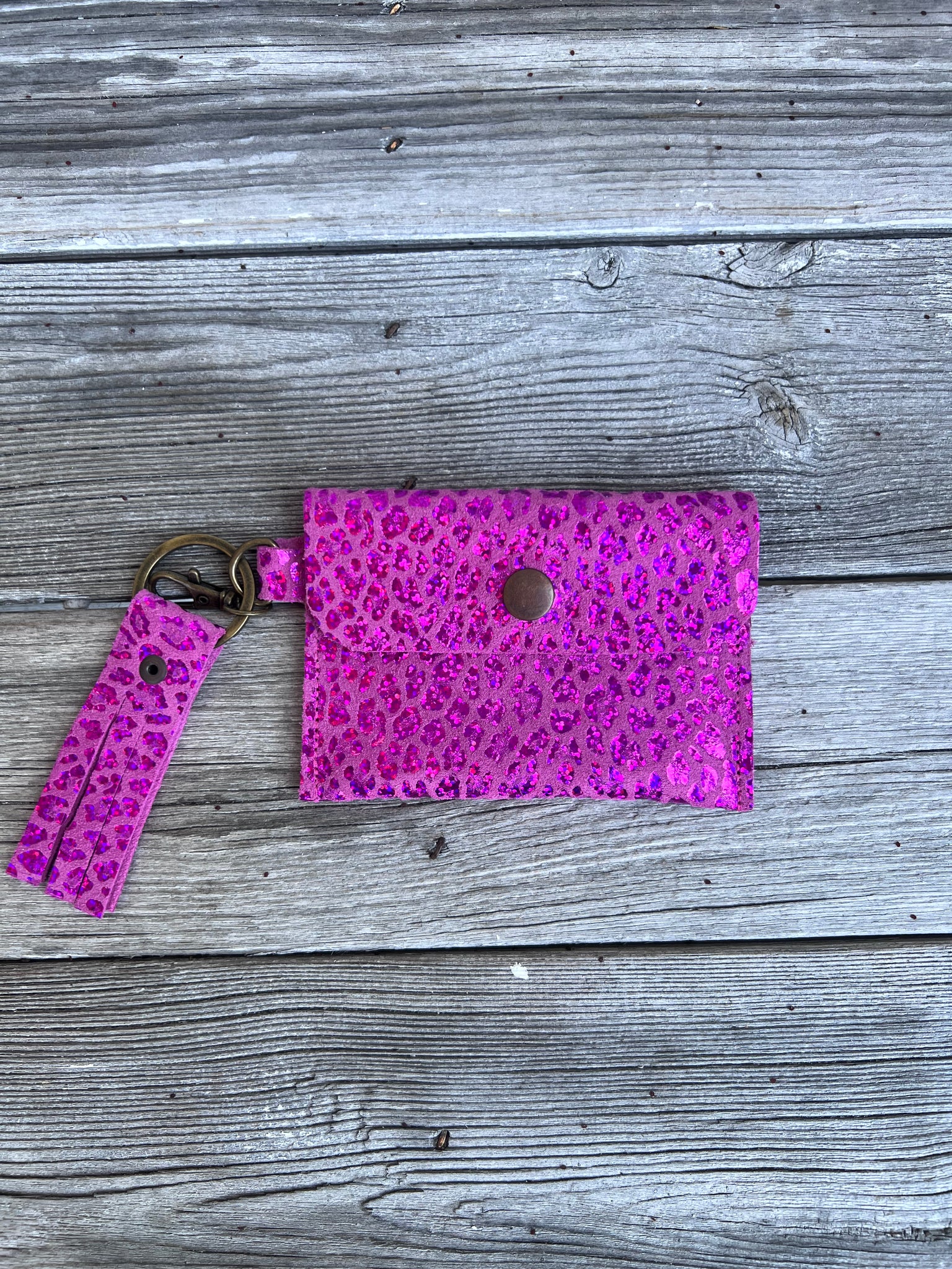 Leather key chain Snap wallet - Pink glitter cheetah