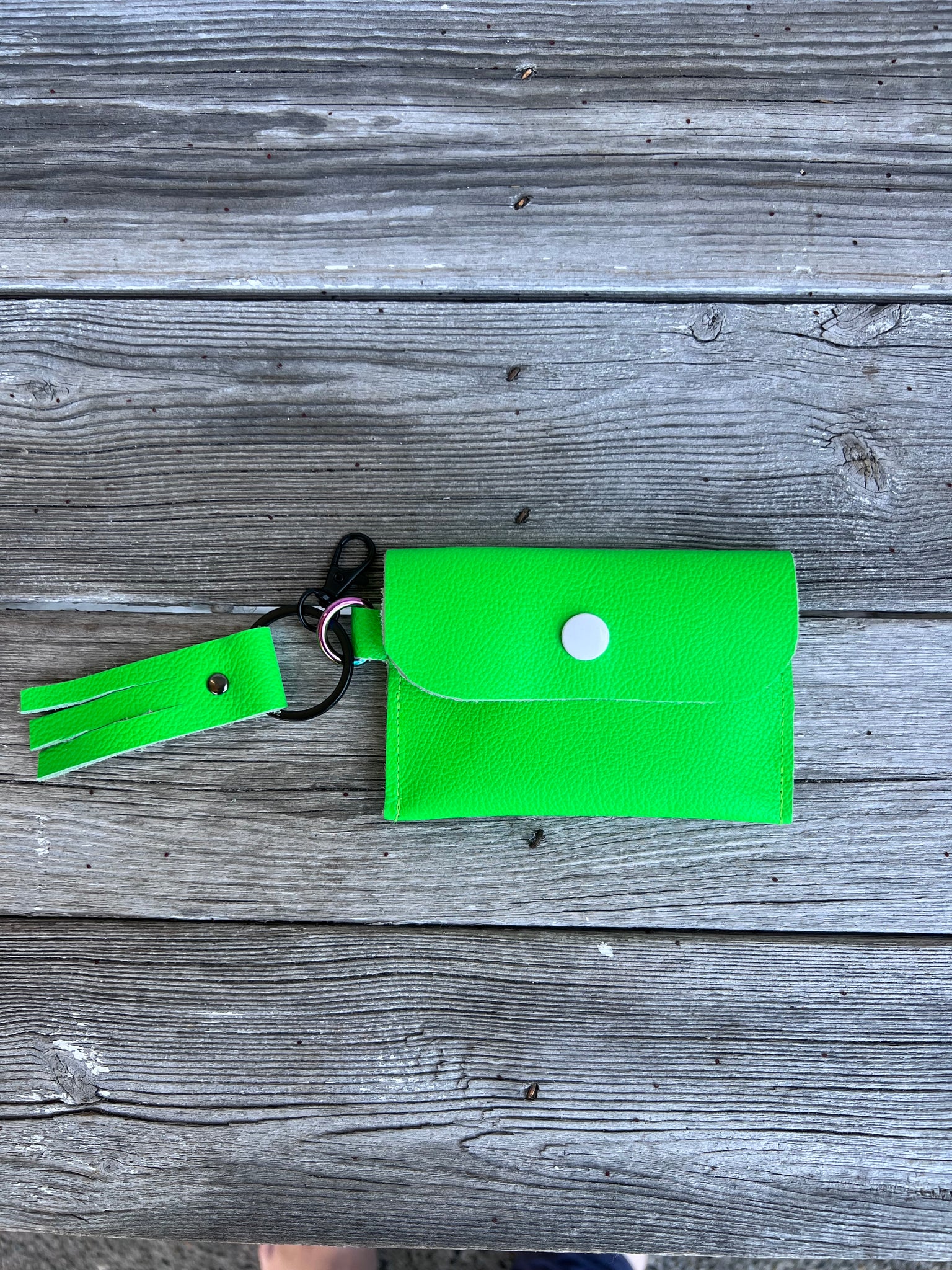 Leather key chain Snap wallet - neon green